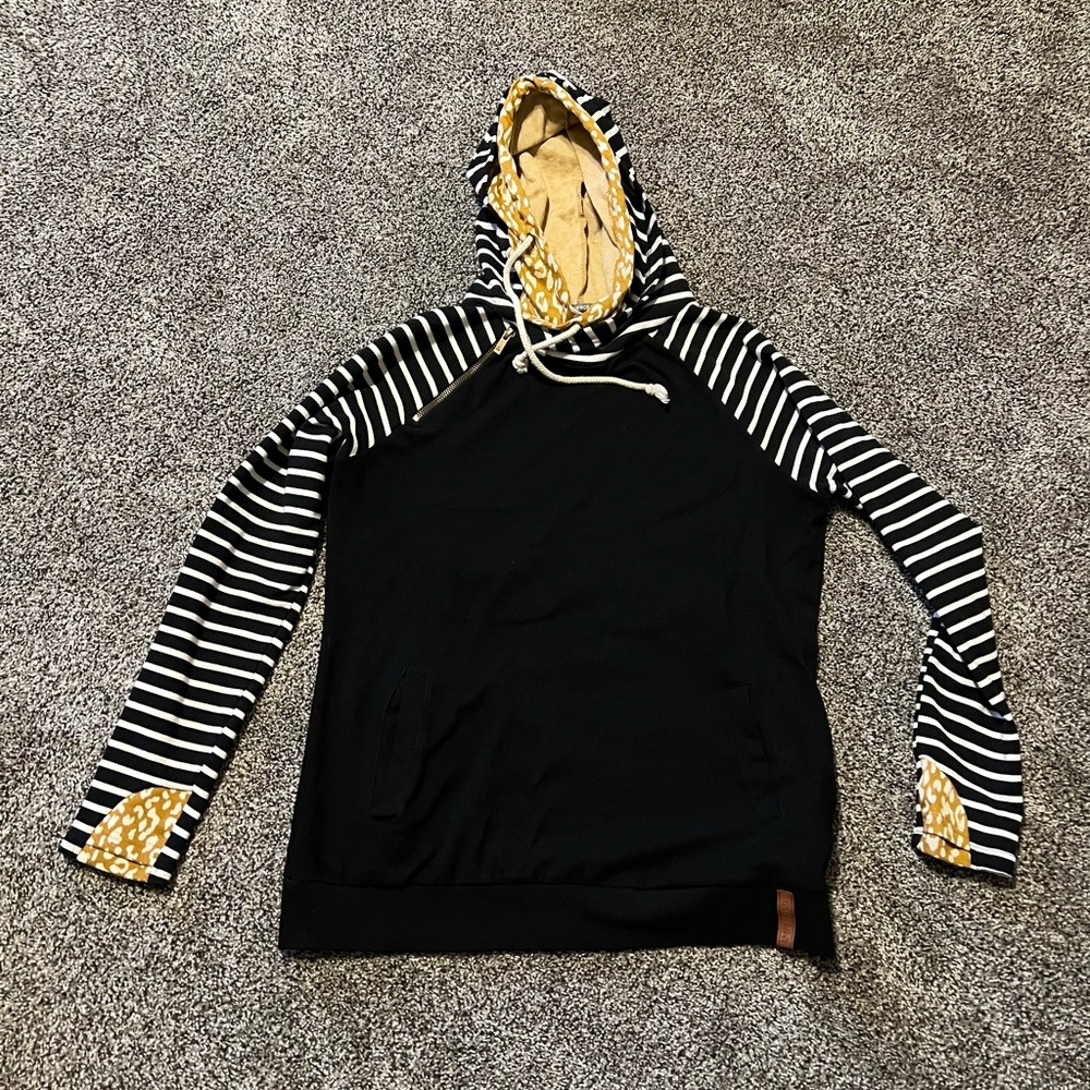 Ampersand Avenue Double Hood Sweatshirt Womens Large Black Hoodie stripe details